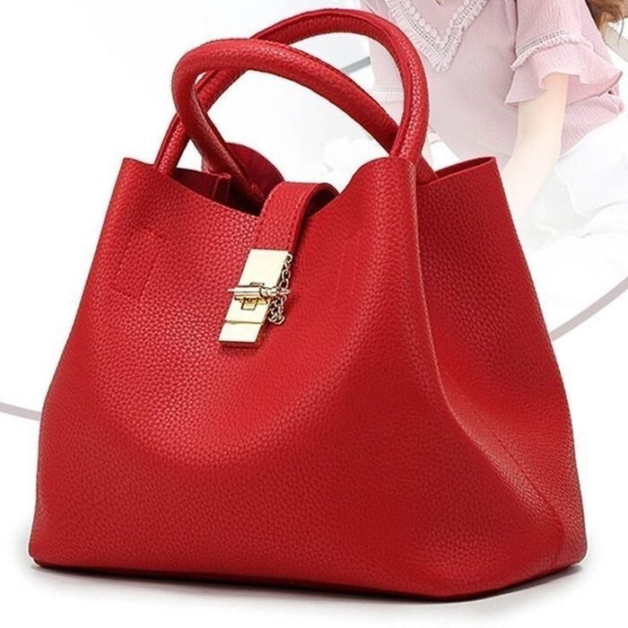 Structured red bucket bag with drawstring detail