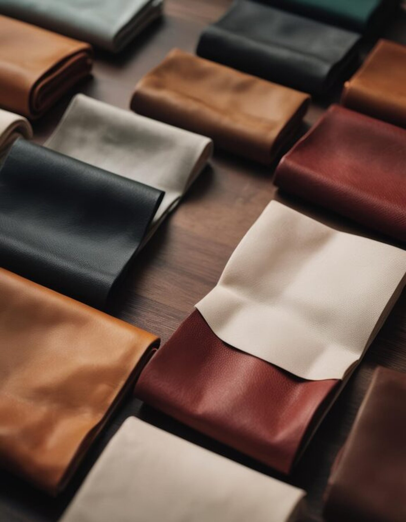 Stack of vegan leather material swatches in tan, black, cream and burgundy