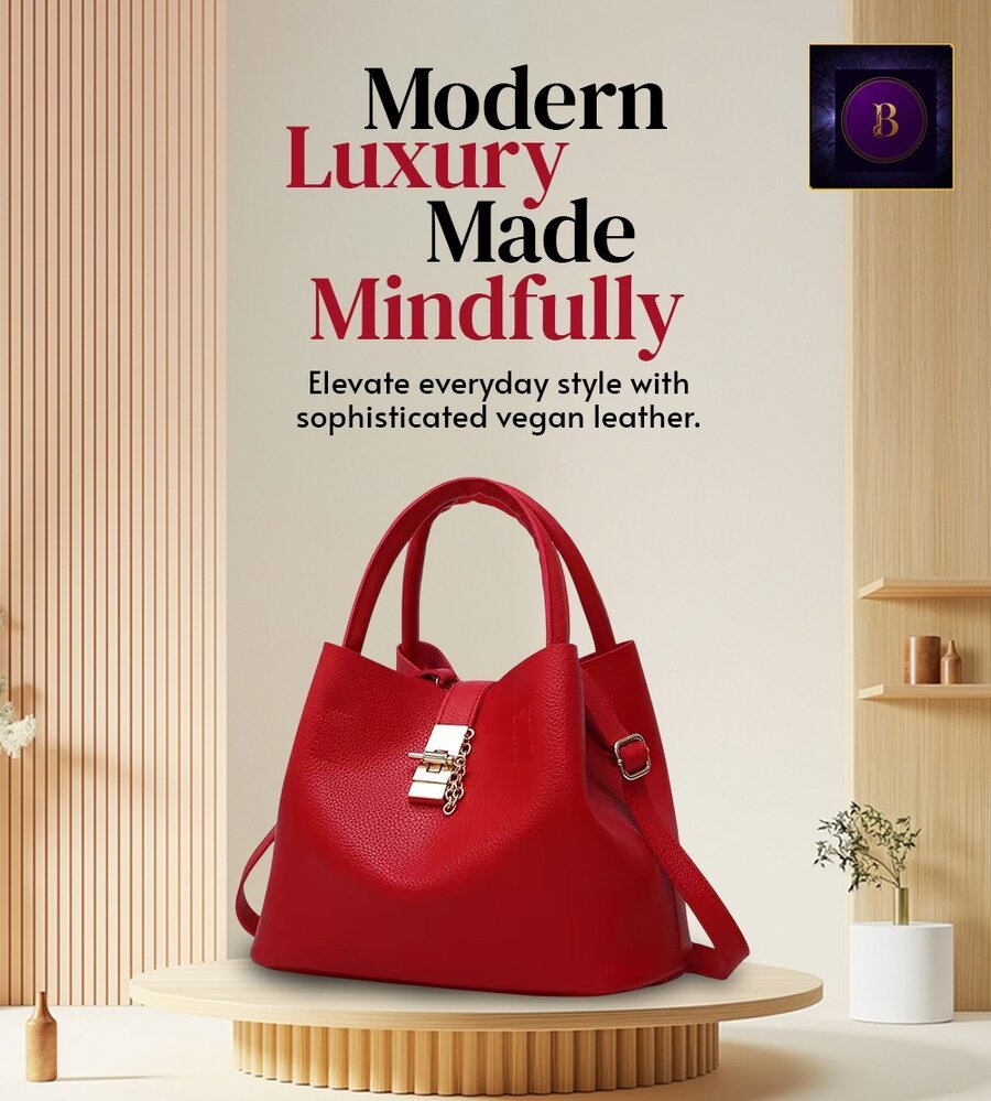 Batwa Tote in red vegan leather with organic canvas body